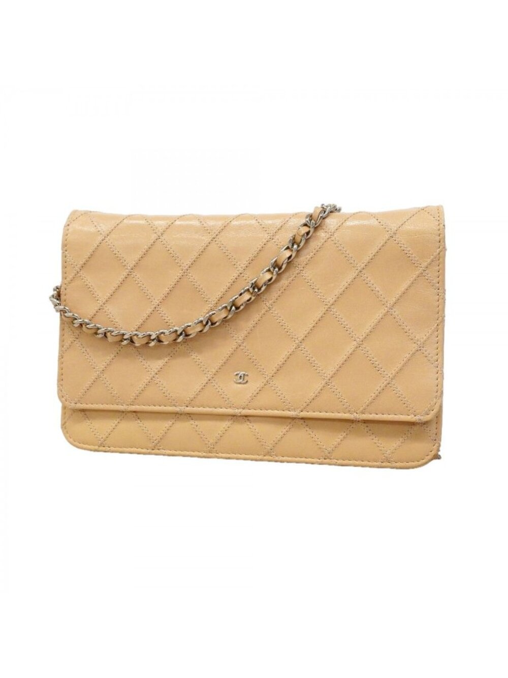 Chanel Shoulder Wallet Bicolor Leather Beige Silver